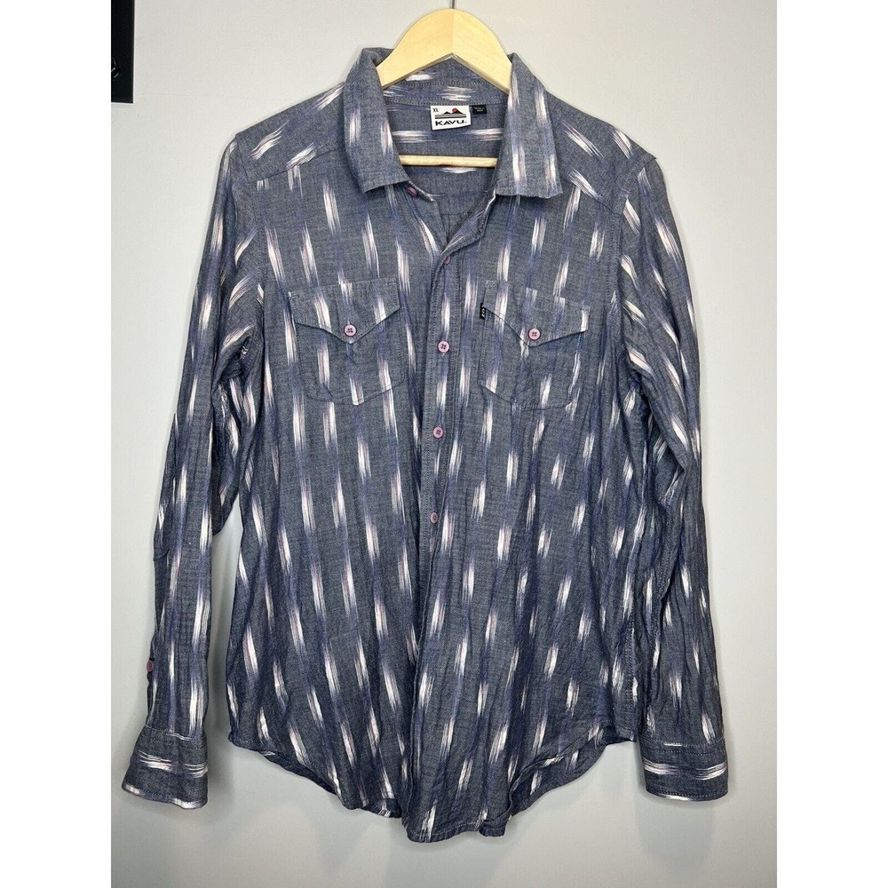Kavu Flannel Shirt Men’s Size M Blue Pink Gray Button Up Long Sleeve 100% Cotton